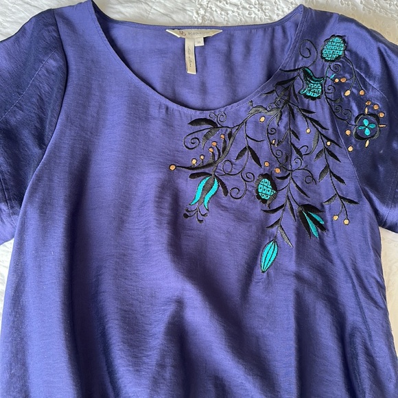 BCBG Blue Shimmer Top with Embroidered Design & Ruffled Sleeves - Picture 3 of 9
